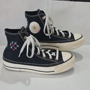 Converse Black and White High-Top Platform Women's Shoes With Embroidery Size 9